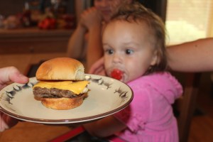 Rule #1 everyone eats 5lbs of food.  Look at the baby looking at her hamburger.  She is thinking "That is what I am talking about Dad".