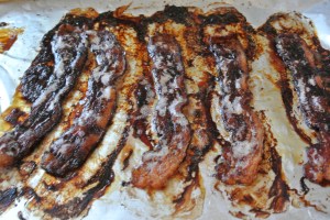 The bacon should be nice and brown but not rock hard over done.