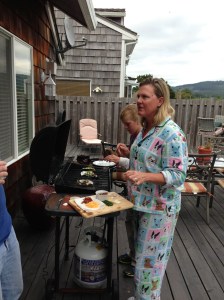 Pajama lady is ready to assemble her oyster at the bbq.