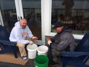 Me and Trevor cleaning 800 shrimp by ourselves why everyone enjoys cocktail hour with out us.